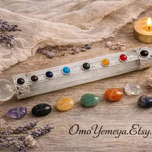 Selenite Wand with 7 Chakra Stones – 6.25” Energy Cleansing Wand