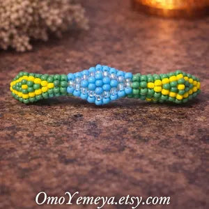 IDE-Handmade Green, Yellow & Blue Beaded Hair Barrette – Spiritual Inspired Accessory | Yemeya/Orula